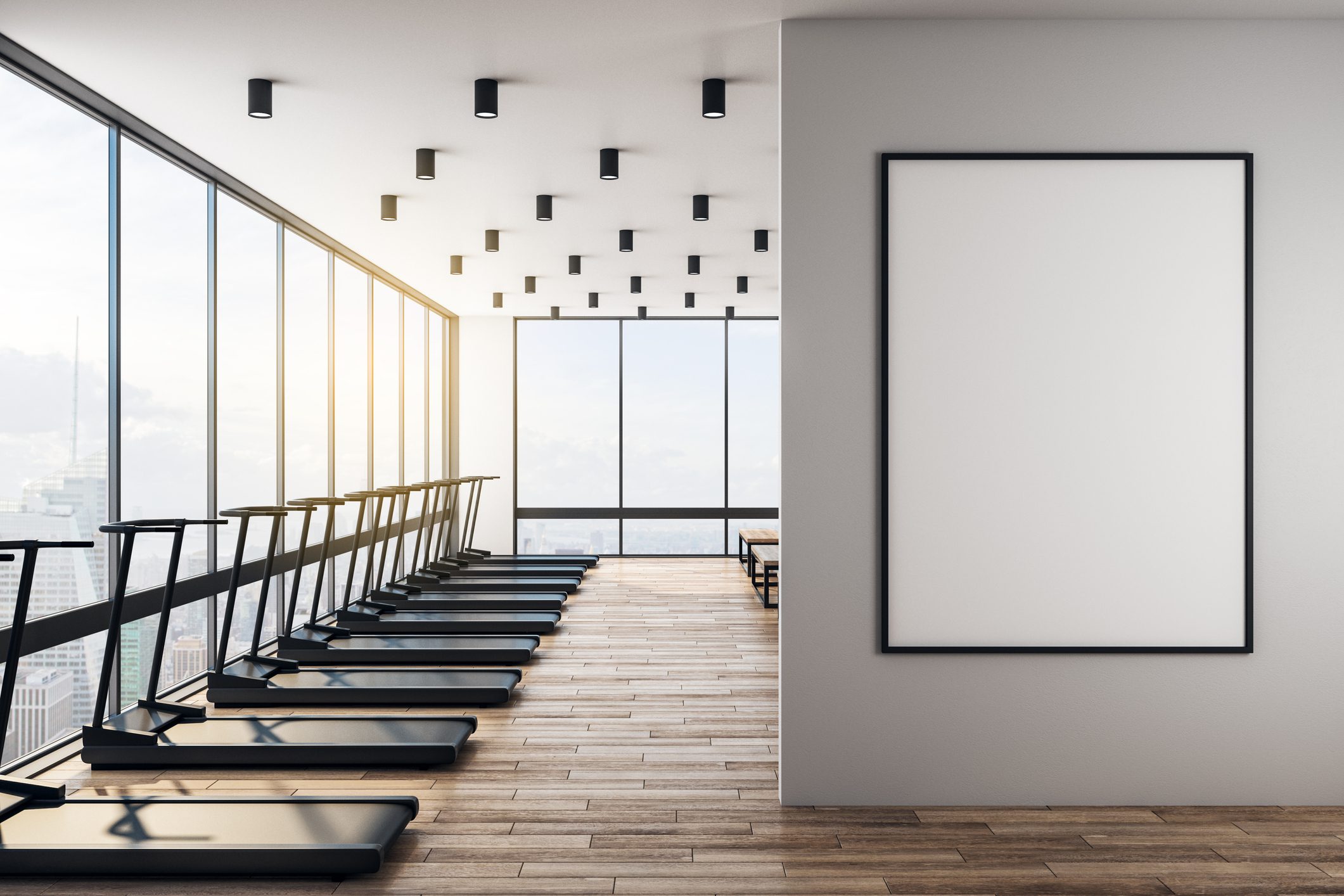 White mock up poster in modern gym with scandinavian style interior.